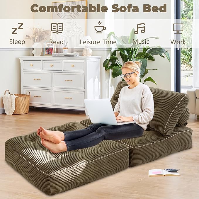 Folding Sofa Bed,Convertible Sleeper Chair for Adults, Folding Sofa Bed Foam Filling Couch with Pillow，Sleeper Chairs Single Size Floor Mattress,Brown
