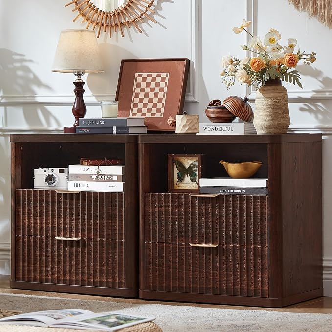 LEYAOYAO 23" Wide Fluted Farmhouse Night Stand Set of 2 with Charging Station, 2 Drawers Large End Table w/Metal Handle, Walnut Nightstand Bedside Table,Wood Dresser for Bedroom, Closet by LEYAOYAO-Findtheshiningpointofyourideallife%EF%BC%81