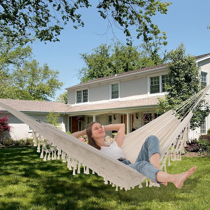 Hammock Hanging Swing Double Max 500lbs Macrame for Indoor Outdoor Patio Yard Garden (Beige) - Image 8