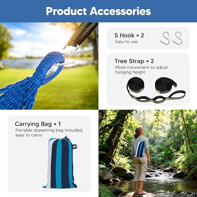 SUNCREAT Hammocks Outdoor Camping Double Hammock with Spreader Bar, Carrying Bag, Heavy Duty Travel Hammock, Blue & Red - Image 6