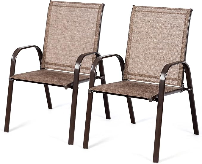 Tangkula 2 Piece Patio Dining Chairs, Outdoor Bistro Chairs W/Curved Armrests, Easy-to-Dry Fabric, Reinforced Steel Frame, Wide & Comfortable Camping Chairs for Garden, Poolside, Backyard (1, Brown) by TANGKULA