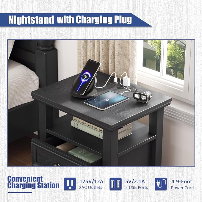 BOSHIRO Black Nightstand with Charge Station,Sofa End Sid Table with 2 Drawers & Storage Shelf,Bed Side Table with USB Ports & Outlets for Bedroom，Home Office - Image 4