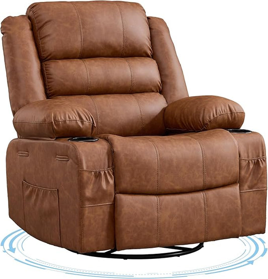 Rocking Recliner Chair for Adults PU Leather Wide 360° Swivel Rocker Recliner with Cup Holder Nursery Glider with Upholstered Deep Seat Lazy boy Chair for Living Room Brown