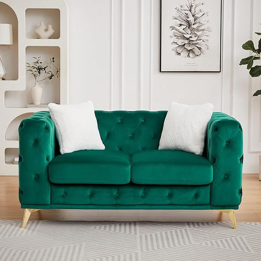 KEIKI 61" Luxury Oversized Velvet Chesterfield Sofa with 2 Pillows, Mid-Century Style 2-Seater Tufted Buttons Couch with High-Density Foam Cushions, Easy Assembly, for Apartment, Living Room, Green