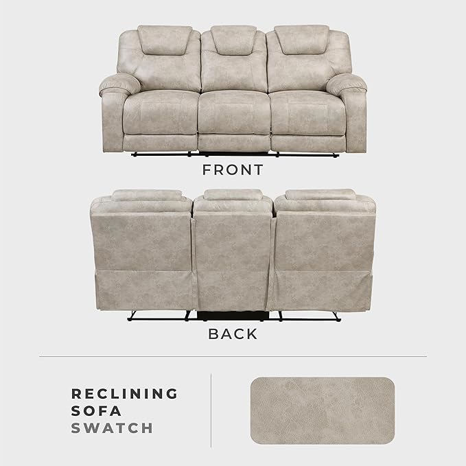 Lexicon Manual Double Reclining Sofa, Polished Microfiber Wall Hugger 3 Seater Manual Tab Pull Sofa Recliner for Living Room, Pillow Top Armrest, Padded Headrest, Easy Assembly, Pewter
