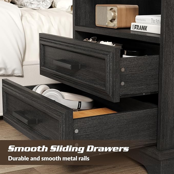 knoworld 24 Inch Wide Farmhouse Nightstands with Charging Station, Dark Gray Nightstand with 2 Large Drawers, Rustic Wood End Table for Bedroom - Image 5