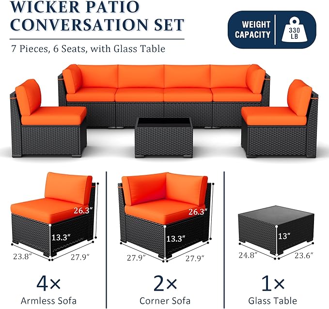 Patio Furniture Set, 7 Pieces Outdoor Sectional Sofa Set with Waterproof Cover, Black PE Wicker Rattan Slanted Back Outdoor Conversation Set with Cushions and Glass Coffee Table, Orange