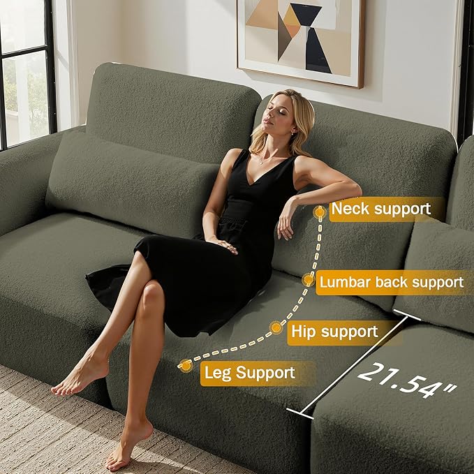 Sectional Sofa Couch, Modern U Shaped Sectional Couch with Ottoman, Modular Sectional Sofa Cloud Couches for Living Room (Green, 3 Set + 1 Ottoman)