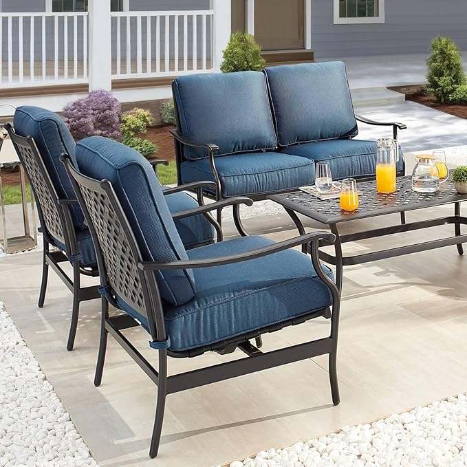 PatioFestival Patio Conversation Set 4 Pieces Cushioned Outdoor Furniture Sets with All Weather Frame for Porch Backyard Lawn (Navy-Blue)