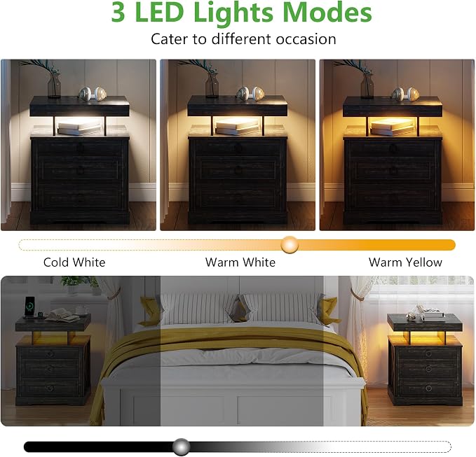 WOOVIVS Side Table with Gun Drawer - Farmhouse Night Stand with Charging Station for Bedroom, Smart End Table with LED Lights for Livingroom, Hidden Compartment Nightstands-Rustic Brown - Image 5