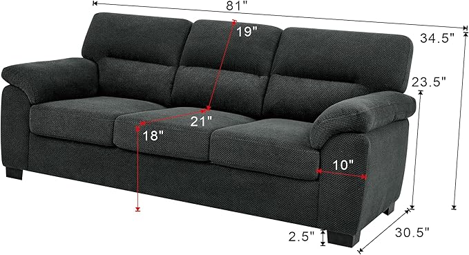 Ball & Cast 3 Seater Sofa Couch with Deep Seats,81" Modern Upholstered Sofa with Padded Armrests, Comfy Couches for Living Room,Apartment and Office,Dark Gray