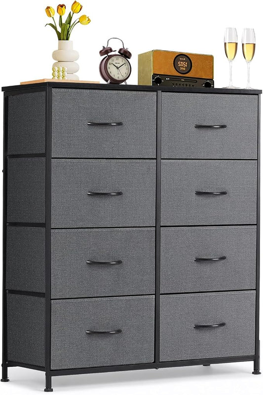 8-Drawer Dresser for Bedroom, Anti-Tip Tall Storage Organizer Chest of Drawers with Wooden Top and Metal Frame Fabric Bins for Closet, Living Room, Hallway, Entryway, Gray by SageNest