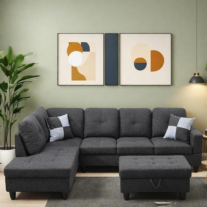 Sectional Couches for Living Room Furniture Sets, 4 Seat U Shaped Sectional Couch with Storage, Adjustable Couch with Armrests and Ottoman for Apartment, Grey