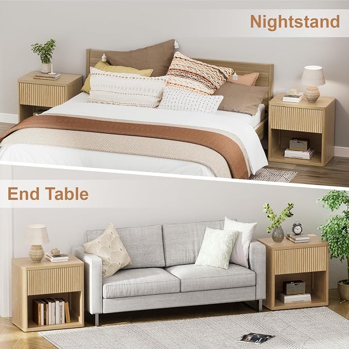 XIAO WEI Set of 2 Natural Wood Fluted Nightstands with Hidden Drawer, 22.8" Wide Mid Century Modern Bedside Table with Open Shelf, Large Accent End Table, Curved Safety Design - Image 6