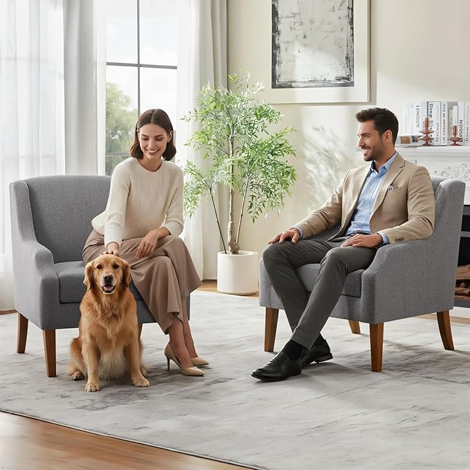 Accent Chair for Living Room Set of 2,No Assembly Upholstered Mid Century Modern Comfy Tufted Armchairs with Wooden Legs,Sofa Chairs for Bedroom, Reading Waiting Room Apartment Grey