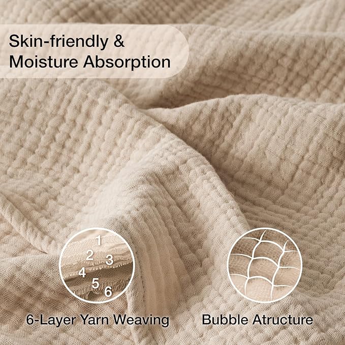 100% Cotton Muslin Blanket Twin 60" x 80", Breathable and Lightweight Cotton Twin Blankets for Couch, Soft Cooling Summer Gauze Blanket for Adults All Season, Beige