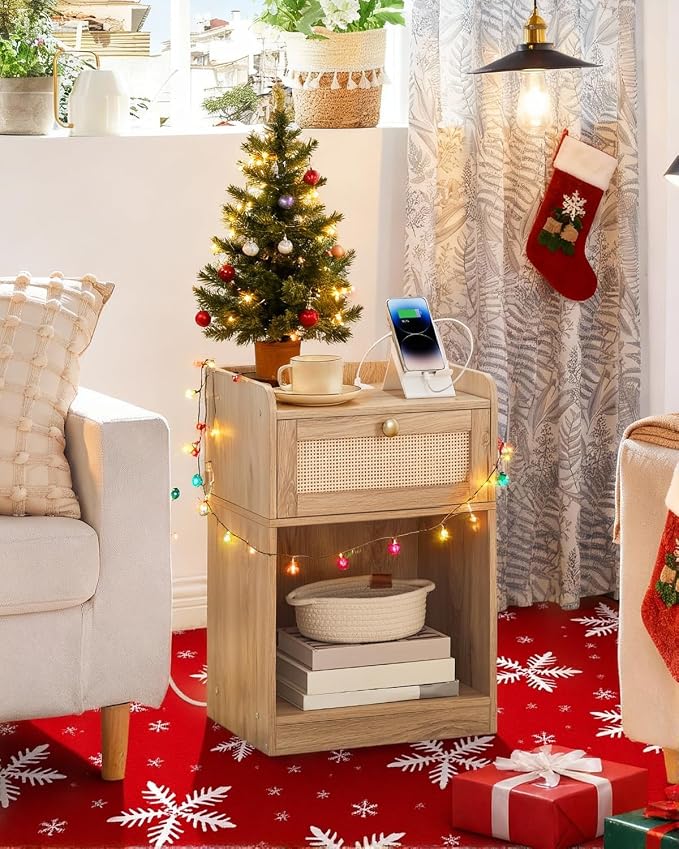 CHOEZON Nightstand with Charging Station, Side Table with Rattan-Style Drawer and Storage Shelf, Modern Rattan Night Stand with 2 USB Ports, Boho End Table Bedside Table for Bedroom, Natural MBZ01UWO - Image 3