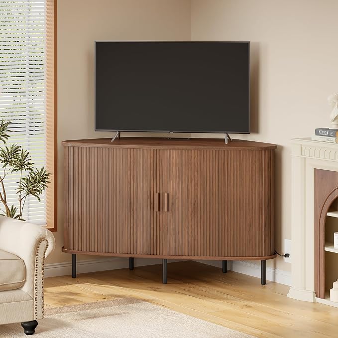 47" Corner TV Stand for up to 55" TVs, Modern Fluted Sliding Door Cabinet with Power Outlet, Wood Storage Entertainment Center, Media Console for Living Room, Walnut - Image 7