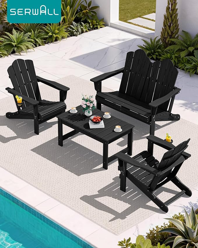 SERWALL Outdoor Coffee Table, HDPE Patio Coffee Table for Outside, Rectangle, Black - Image 2