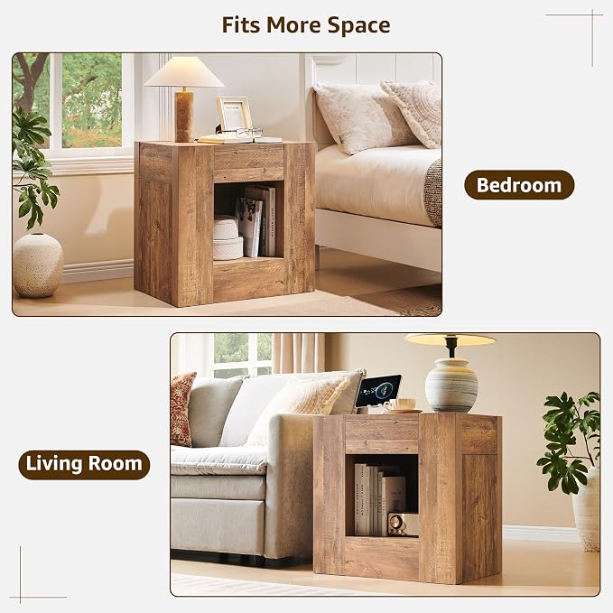 OKD 24" Wide Modern Nightstand, Wood Night Stand with Charging Station & Hidden Drawer, Side Table Bedroom with Storage Shelf, End Table, Gold Rustic Brown - Image 7