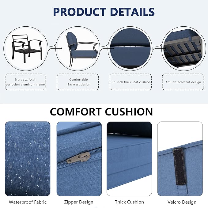 Aluminum Outdoor Patio Furniture Set,7 Seats Patio Conversation Sets with Rectangular Coffee Table,Metal Patio Sectional Furniture Set with 2 Swivel Rocking Chairs,Navy Blue