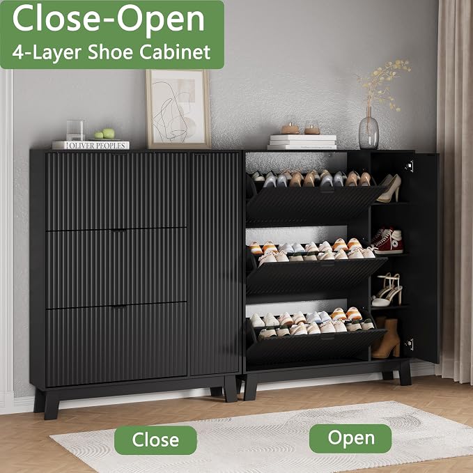 Xixini Shoe Cabinet with 3 Flip Drawers, 54" Tall Narrow Fluted Shoe Storage Organizer for Entryway, Hidden Wooden Shoe Rack with Adjustable Side Cabinet for Front Door Entrance, Hallway, Solid Black - Image 5