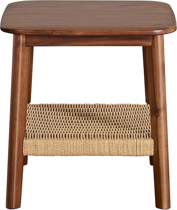 Alaterre Furniture Calais 2-Tier Solid Wood End Table with Woven Storage Shelf – Mid Century Modern Nightstand or Side Table for Living Room, or Bedroom (Chestnut) - Image 7