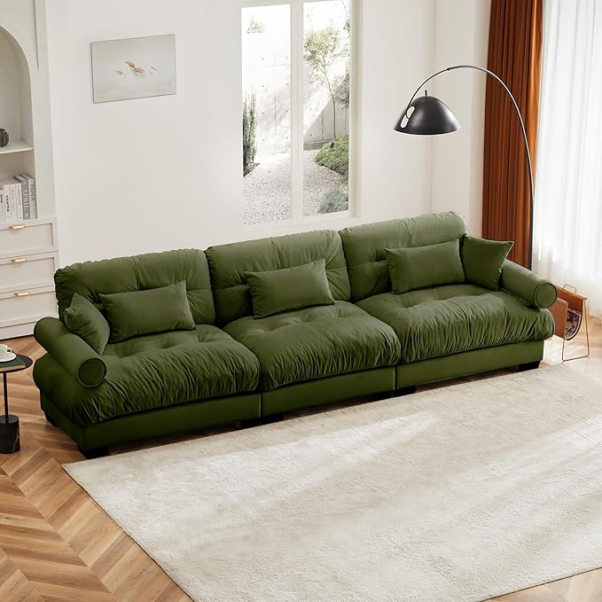KEIKI 130" Oversized Velvet Modular Sectional Sofa with High-Density Foam Cushion and Bolstered Armrests, Upholstered Modern Style 3-Seater Cloud Couch with 5 Pillow, for Apartment, Living Room, Green