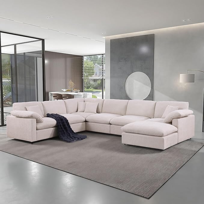144-Inch Oversized L-Shaped Corner Sectional Cloud Sofa,Modern 7 Seat Modular Cloud Sofa Luxury Convertible Couch with 6 Pillows and Movable Ottoman for Living Room