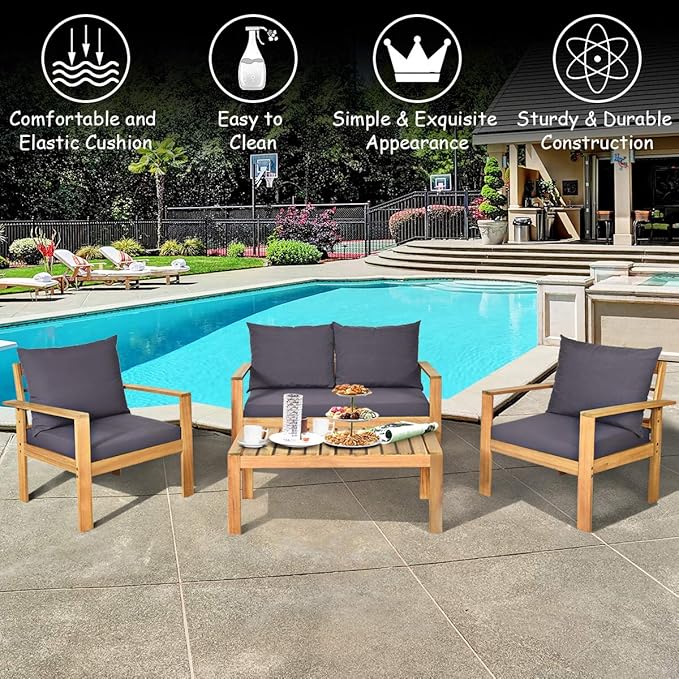 Tangkula Outdoor 4-Piece Acacia Wood Chat Set, 4 Seater Acacia Wood Conversation Sofa and Table Set with Waterproof Furniture Cover, Teak Finished (1, Grey)