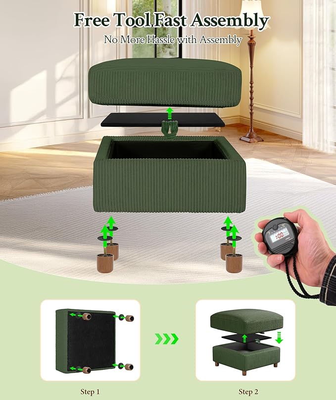 25.2" Couches for Living Room, Comfy Green Ottoman with Storage, Foot Rest Tool-Free Setup, Small Ottoman Foot Rest for Couch, Corduroy Couch for Bedroom, Apartment, Office