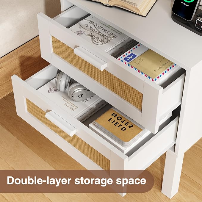 Rattan Nightstand Set of 2 with Charging Station,Boho Bedside Tables with 2 Drawer Cabinet,Natural Wood Bed Side End Tables,Multi-functional storage cabinet suitable for living room, bedroom, hallway - Image 4