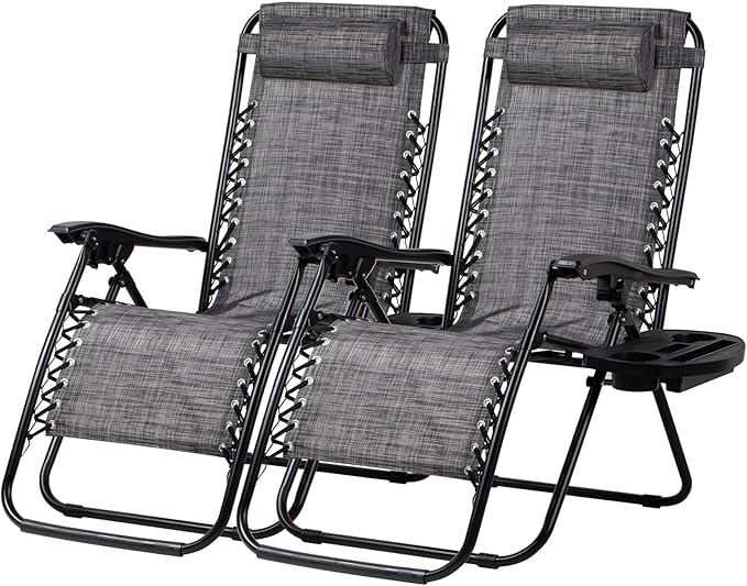 Nazhura Set of 2 Relaxing Recliners Patio Chairs Adjustable Steel Mesh Zero Gravity Lounge Chair Beach Chairs with Pillow and Cup Holder(Grey) by NazhuraGoodCompanionAtHome