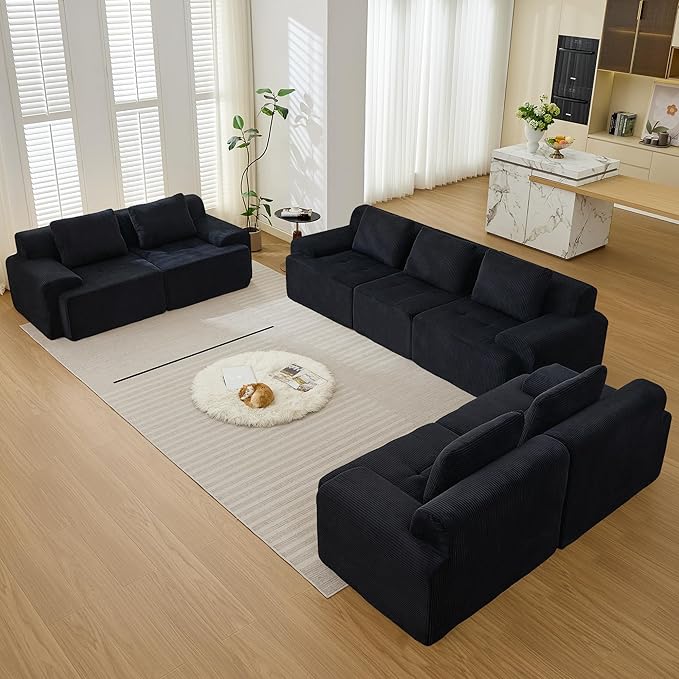Modular Sectional Sofa, Boneless Couches for Living Room, Corduroy Couch, Big Comfy Couch, Modular Cloud Sofa with Deep Seat (Black, 7 Pieces-Rowshape 3 Side)