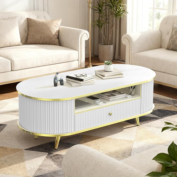 47" Fluted Coffee Table with LED Lights & Storage - Luxury Modern Oval Center Table for Living Room, Coffe Tables with Drawers, Curved Profile Design, Gold Metal Decor, White