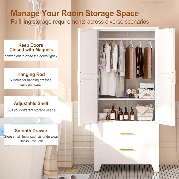 Metal Armoire Wardrobe Closet Storage Cabinet with 2 Doors White, 71'' Wardrobe Cabinet with Hanging Rod Metal Closet with Adjustable Shelf and 2 Drawers for Bedroom, Laundry Room, Cloak Room