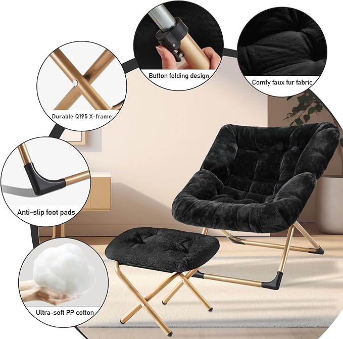 Youtanic Comfy Oversized Saucer Chair with Ottoman,Soft Faux Fur Reading Lounge Chair for Adults,Stable X-Large Metal Frame and Non-Slip Pad,Cozy Chair for Bedroom, Living Room, Dorm, Office, Black