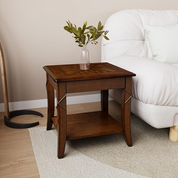 PADMA HOUSE Solid Wood End Table with Shelf, Vintage Rectangle Sofa Side Table with Dual Hourglass Tabletop, Apartment Telephone Table with Curved Legs for Living Room, 19.7 * 17.7 * 19.7in