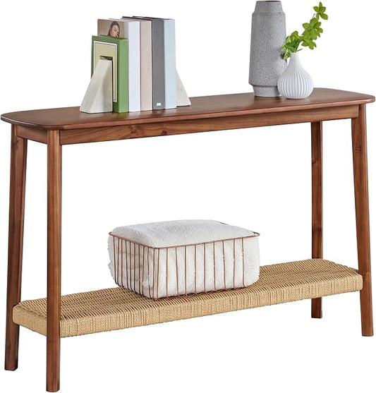 Alaterre Furniture Calais 48 Inch Solid Wood Entryway Table with Woven Storage Shelf – Mid Century Modern 2-Tier Sofa Table for Living Room, Hallway, or Foyer (Chestnut) by AlaterreFurniture