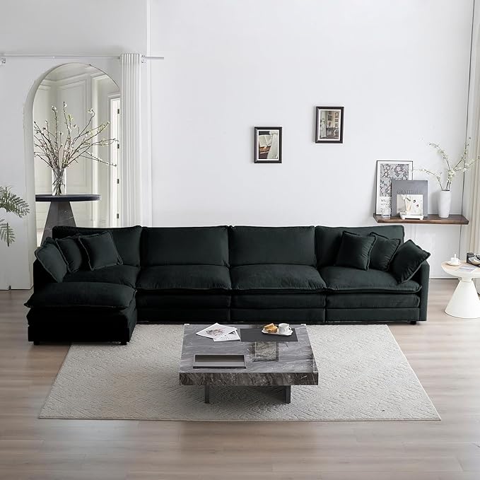 ERYE Shaped Oversized Sectional Sofa Modern Deep Seat Reversible Chaise Sofa&Couch with Movable Ottoman, Modular Sleeper Upholstered Couch for Living Room, Apartment, Studio, Office, 146.5", Black/L