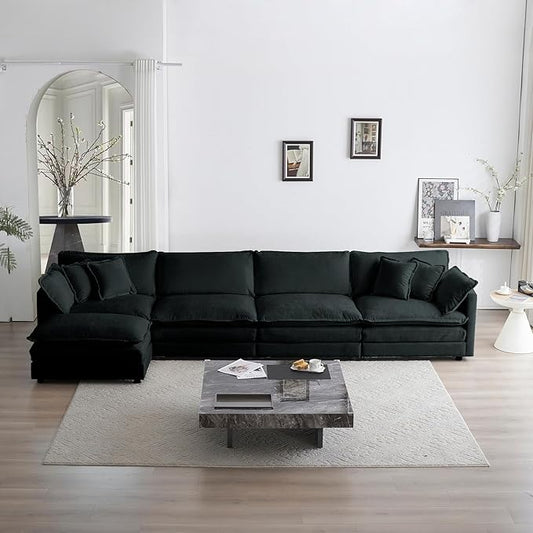 ERYE Shaped Oversized Sectional Sofa Modern Deep Seat Reversible Chaise Sofa&Couch with Movable Ottoman, Modular Sleeper Upholstered Couch for Living Room, Apartment, Studio, Office, 146.5", Black/L