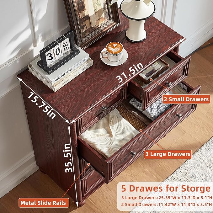 RWYHG Farmhouse 5 Drawer Dresser for Bedroom, 35.5" Tall Small Dressers & Chest of Drawers, Rustic Wood Dresser with Roman Column, Storage Organizer for Living Room, Hallway, Closet (Red Oak) - Image 2