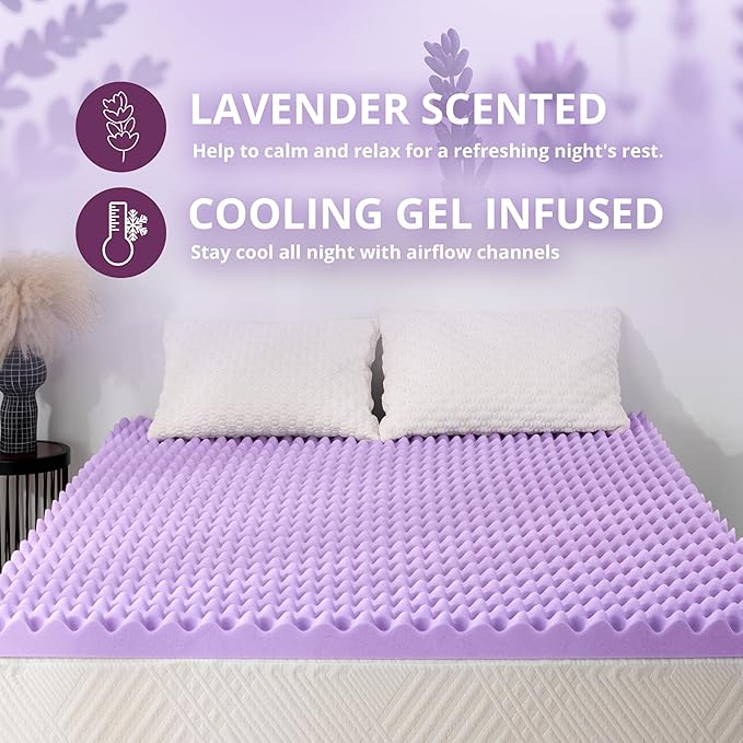 4 Inch Egg Crate Full Memory Foam Mattress Topper, Lavender Scent Gel Infused Foam Mattress Topper for Pressure Relief, CertiPUR-US Certified Full Bed Topper, Purple, 54"×75"
