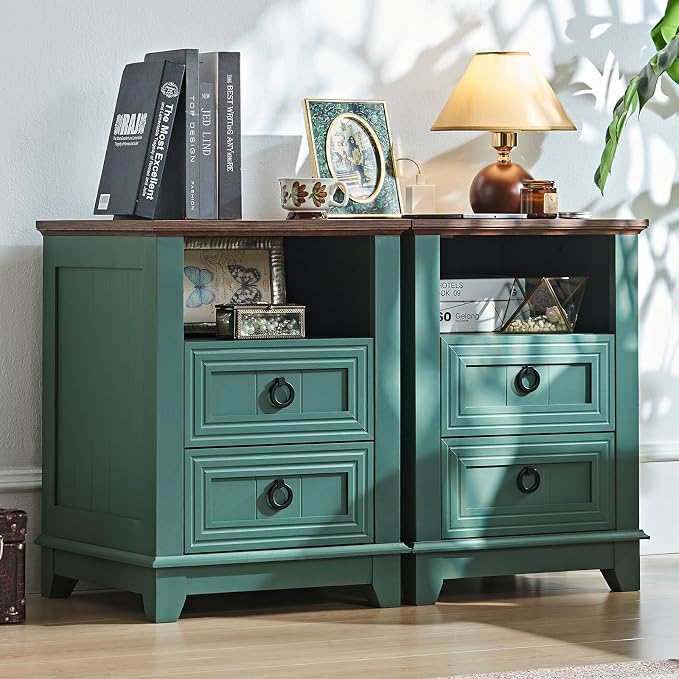 Joaxswe 18" Farmhouse Night Stands Set of 2 with Charging Station, 2 Drawers Bedside End Table, Green Wooden Nightstand, Bed Side Table Cabinet with Open Shelf for Bedroom Living Room Office by Joaxswe