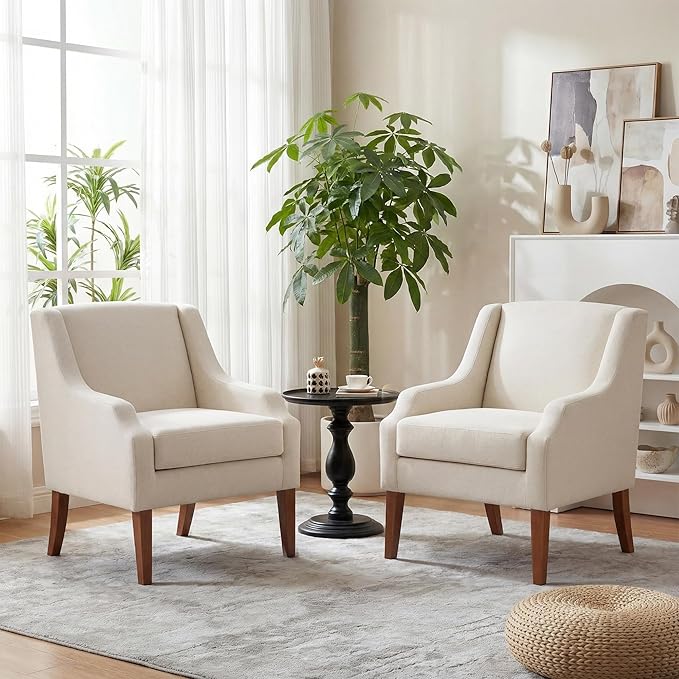 Accent Chair for Living Room,No Assembly Upholstered Mid Century Modern Comfy Tufted Armchairs with Wooden Legs,Sofa Chairs for Bedroom, Reading Waiting Room Apartment Beige