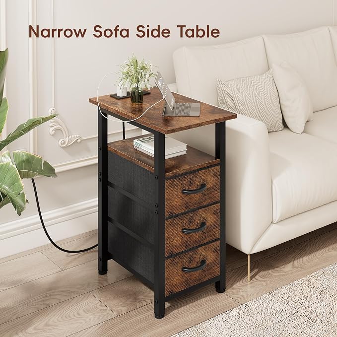 Vagusicc End Table with Charging Station, Narrow Side Table, Narrow Nightstand with 3 Fabric Drawers, Slim Sofa Side Table for Small Spaces, Small Night Stand for Bedroom, Rustic Brown - Image 9