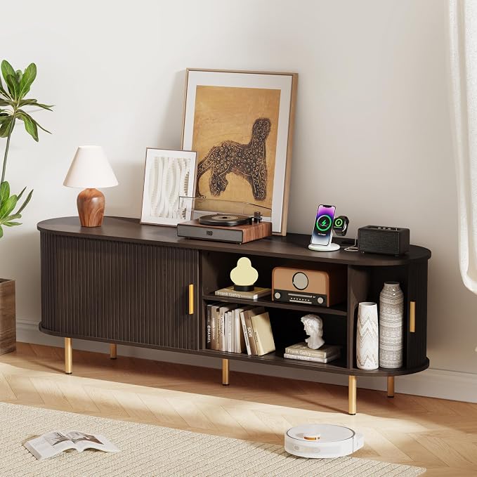 DHH 63 Inch Mid Century Modern TV Stand with Power Outlet for TVs up to 70 Inch, Entertainment Center with Storage and Adjustable Shelves, Media Console with Sliding Doors for Living Room(Dark Walnut) - Image 6