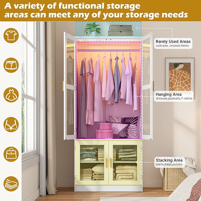 chartustriable 2 Doors Armoire Wardrobe Closet with LED,71" H Freestanding Wooden Wardrobe Closet Cabinet for Bedroom,Wooden Clothing Storage Cabinet with Hanging Rod,Closets for Bedroom(White)
