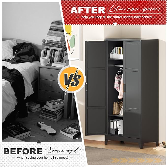 Superday Metal Wardrobe Closet, 72" H Bedroom Armoires with Wooden Handle, Metal Cabinet with Adjustable Shelves and Hanging Rods, Steel Storage Locker Closet for Home, Office, Employee, Gym (Black)