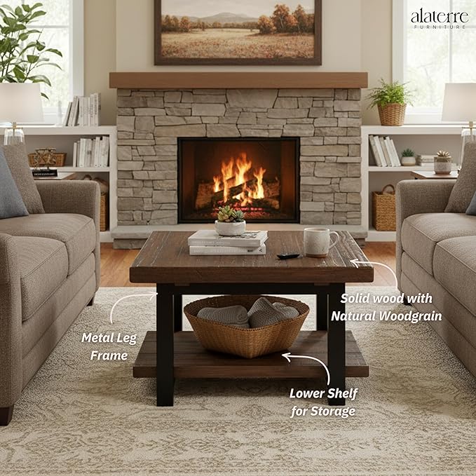 Alaterre Furniture Pomona Living Room Tables – 27 Inch Square Solid Wood Coffee Table with Metal Legs – Modern Farmhouse Rustic Small Space Table (Rustic Brown)
